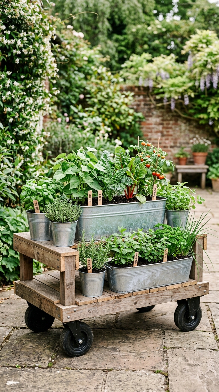 Mobile container garden on wheels for a small potager garden