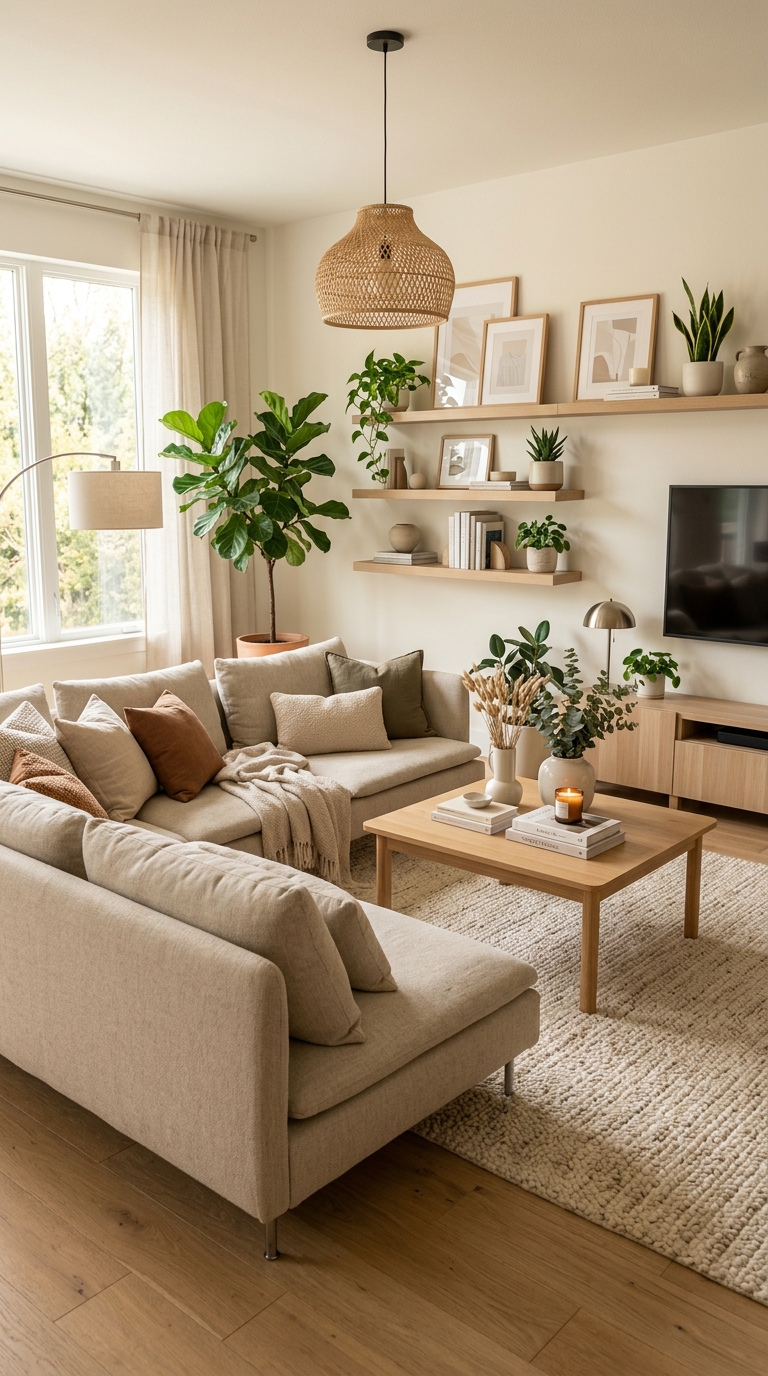 Modern IKEA living room with affordable Scandinavian furniture styled to look luxurious.