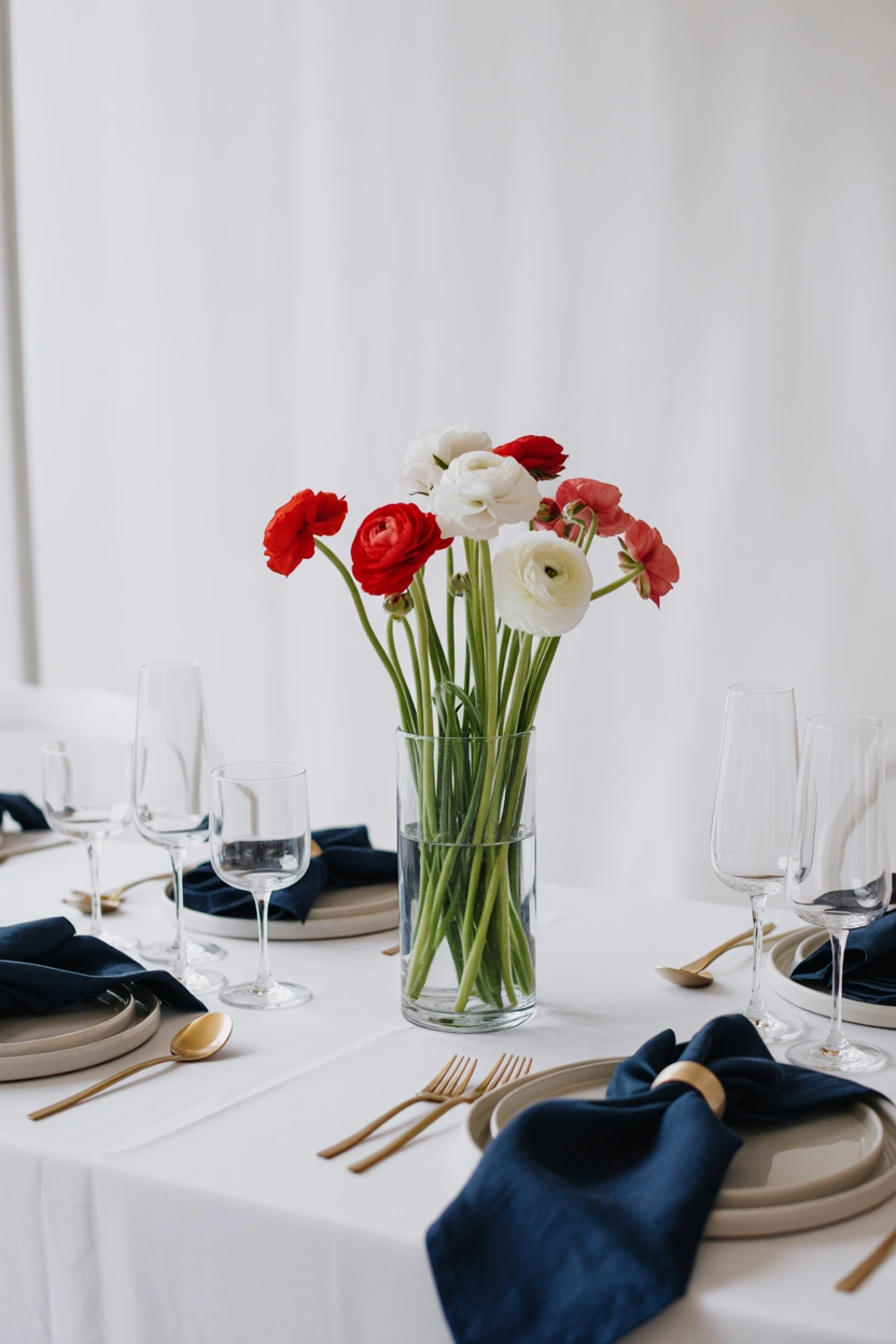 Modern minimal 4th of July tablescape with white plates, navy napkins, and red white floral centerpiece