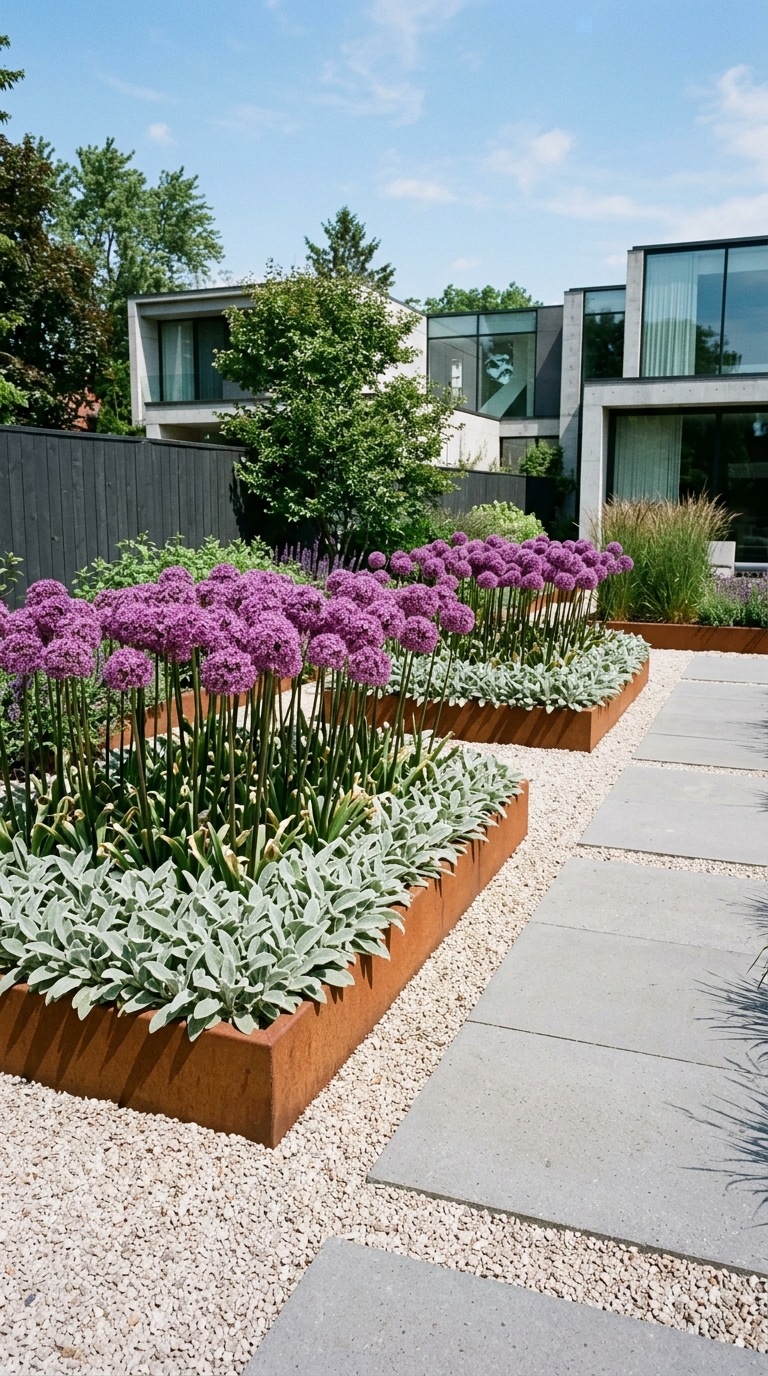 Modern minimalist allium garden with Corten steel edging, gravel, and purple giganteum in a contemporary design