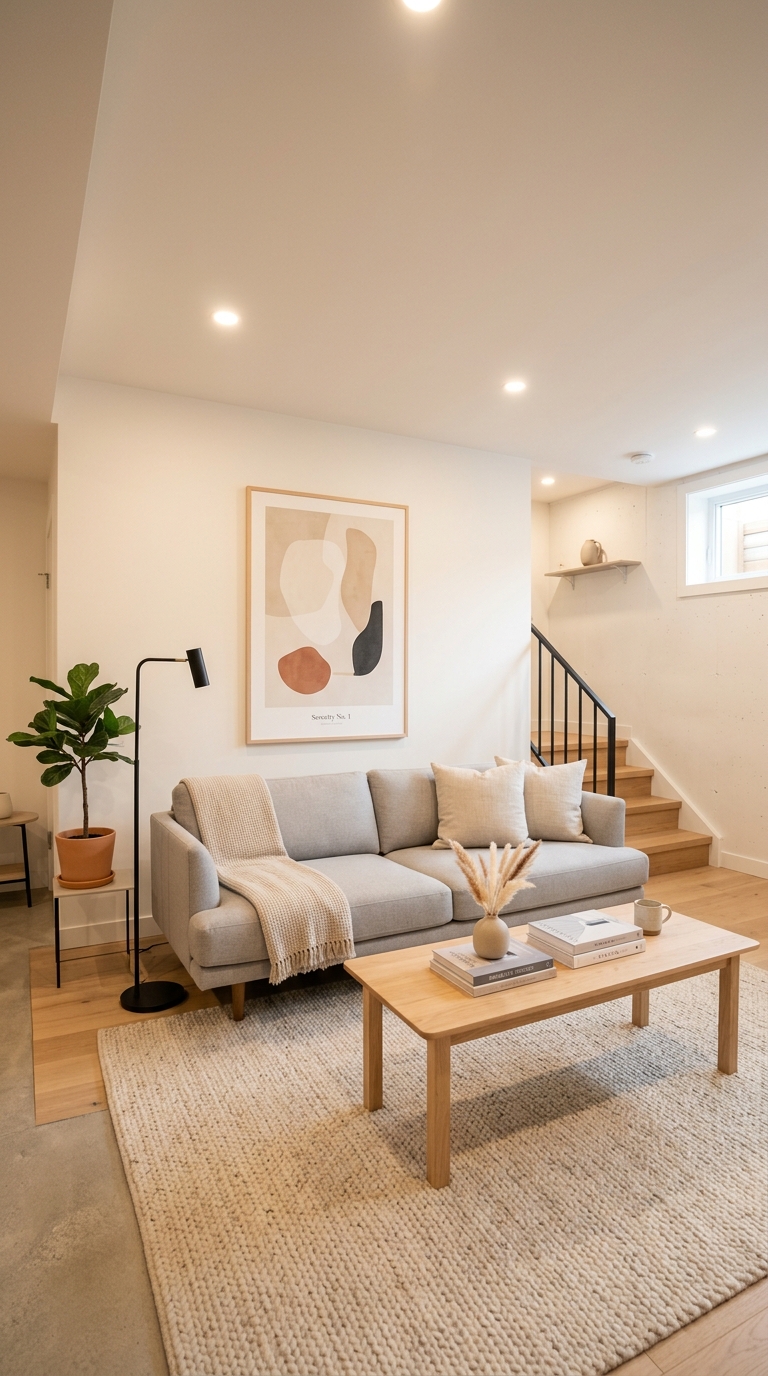 Modern minimalist basement living room with light grey sofa, natural wood coffee table, and clean neutral palette