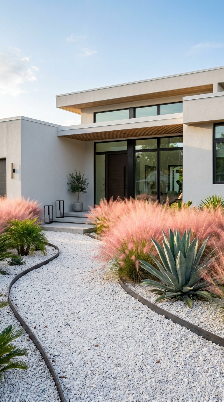 Modern minimalist Florida front yard with muhly grass, ornamental grasses, and crushed shell ground cover