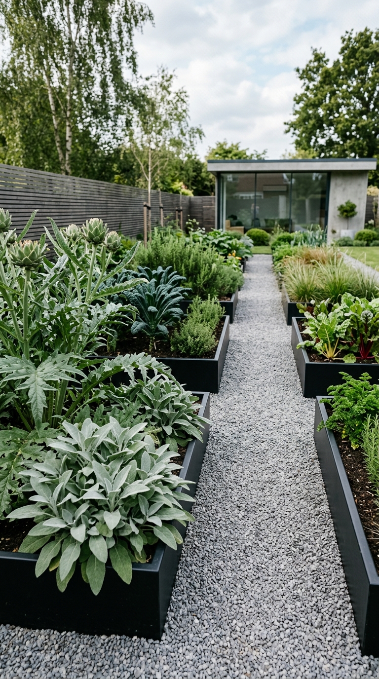 Modern minimalist potager garden with black steel raised beds, architectural plants, and clean gravel paths