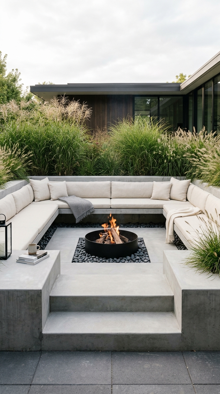 Modern sunken fire pit idea with floating concrete bench seating