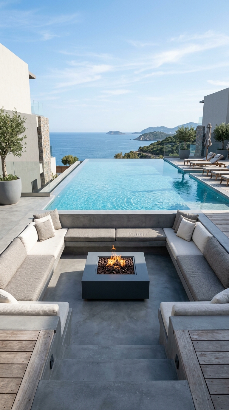 Modern sunken fire pit idea with pool view and minimalist seating