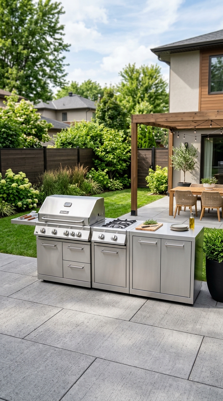 Modular outdoor grill station with stainless steel kitchen components on a backyard concrete paver patio
