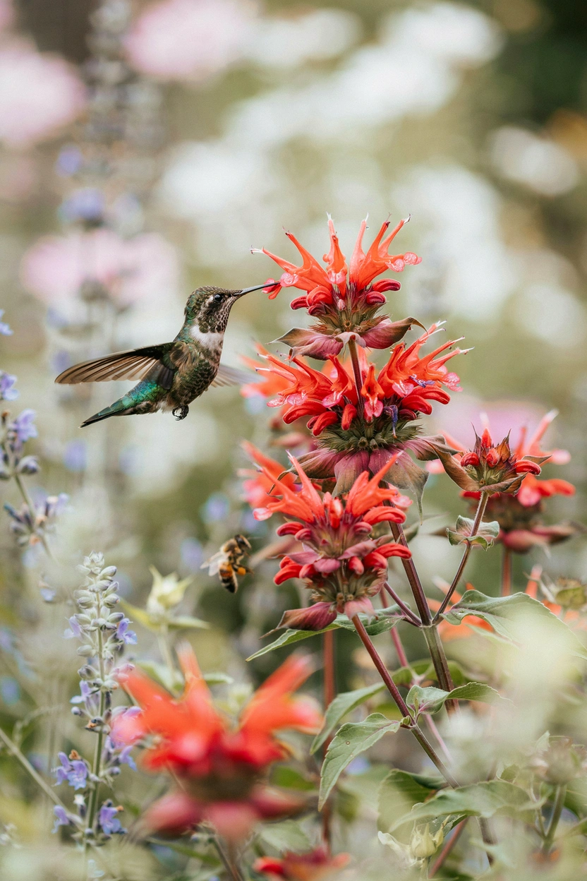 Red and pink monarda bee balm flowers attracting hummingbirds and native bees in a summer garden