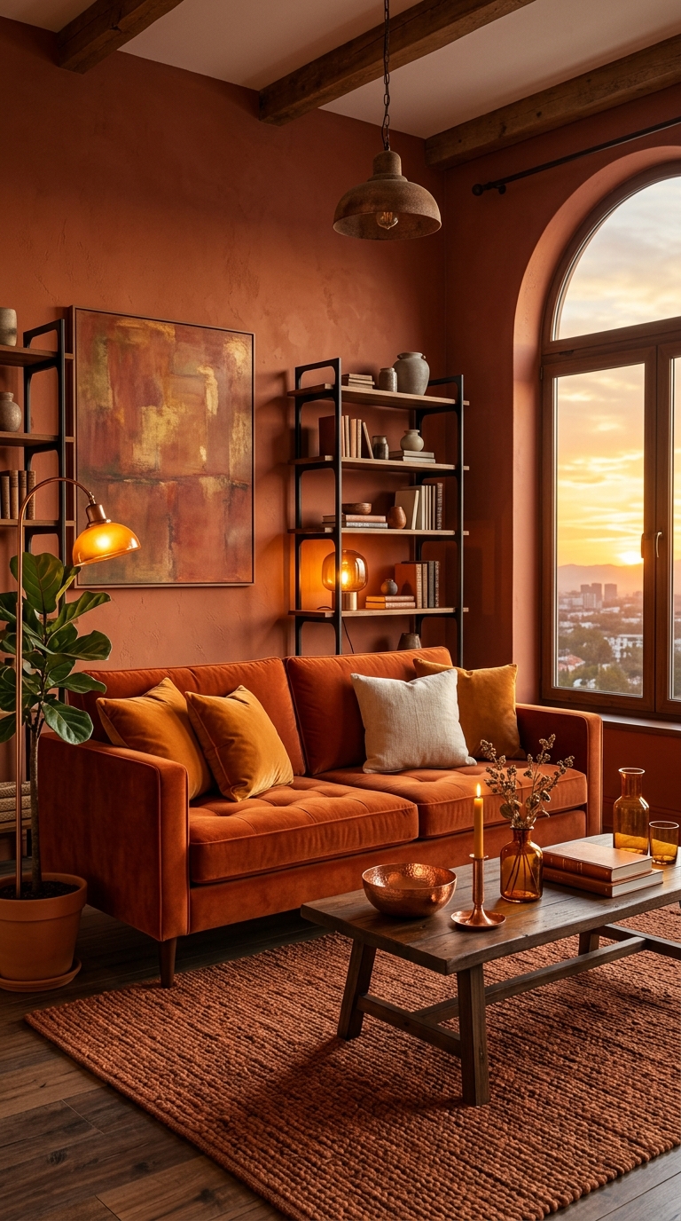 Monochromatic orange living room with burnt orange sofa, terracotta walls, rust rug, and warm copper accessories