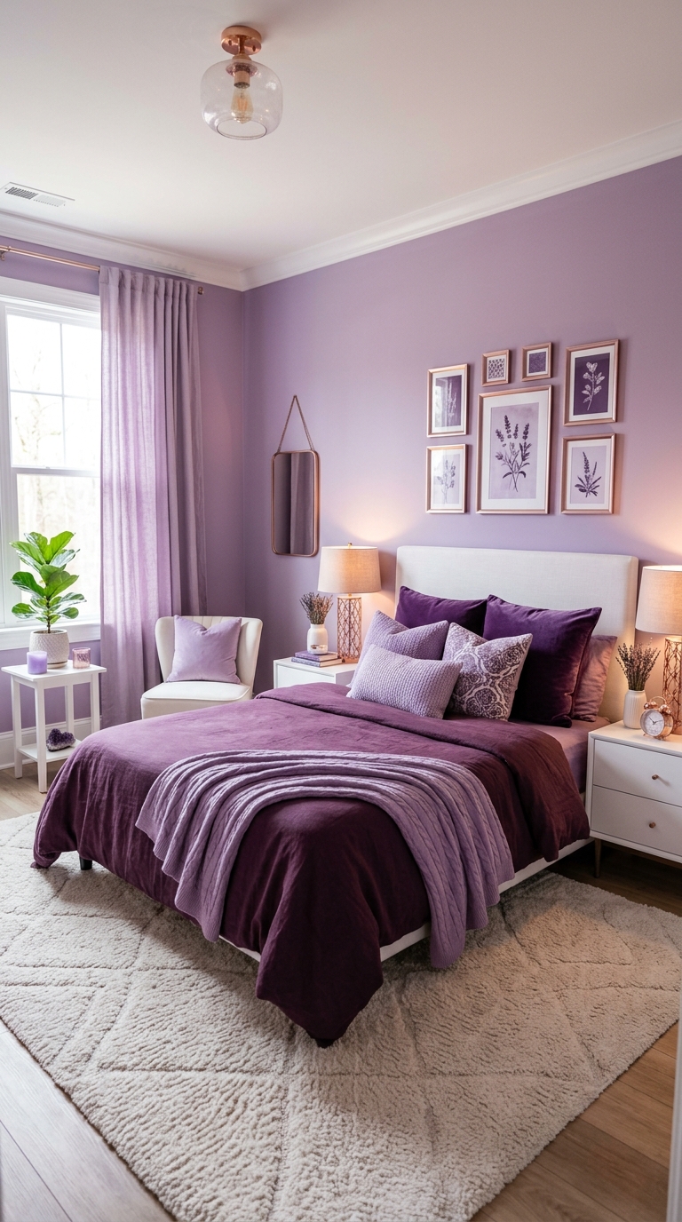 Monochromatic purple bedroom with layered shades from lilac to plum and mixed textures