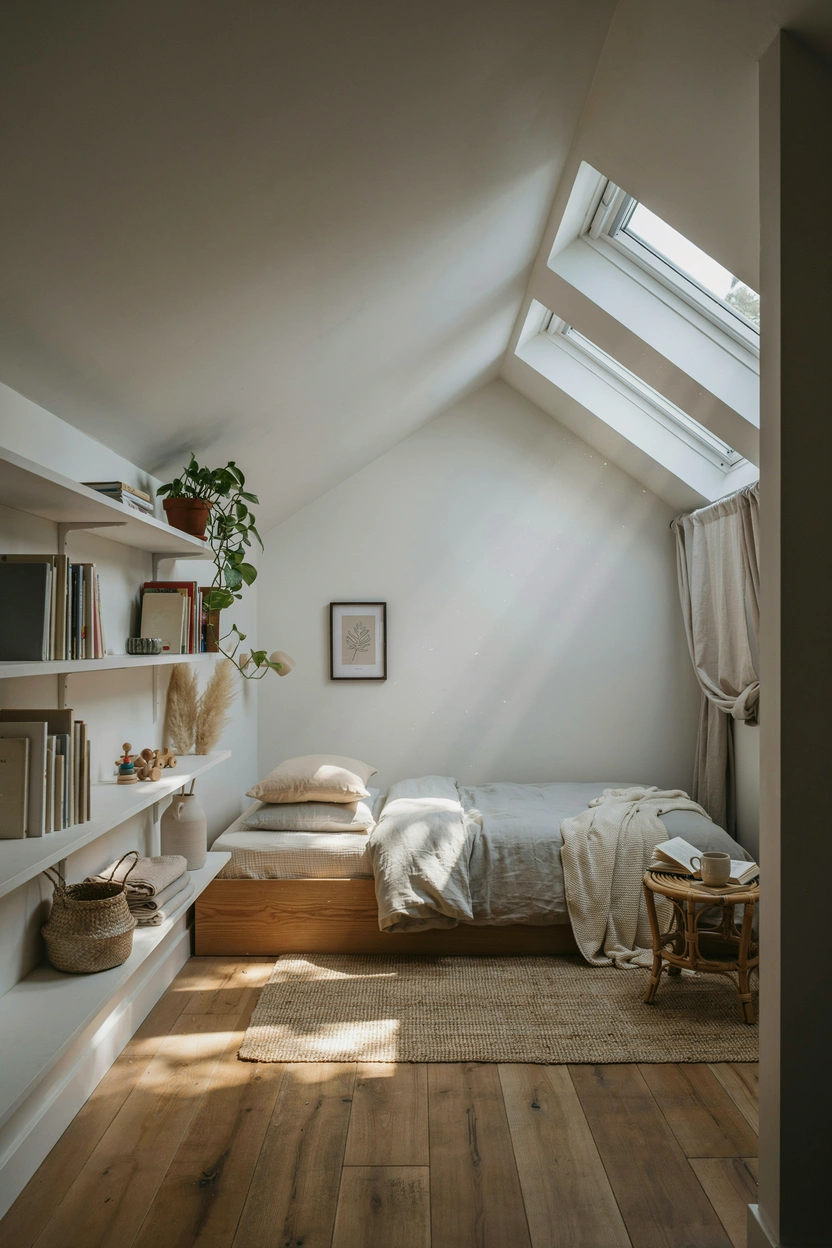 Calm Montessori attic kids bedroom with low floor bed and open toy shelves in neutral tones