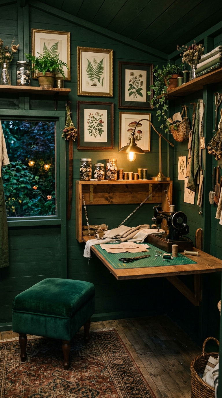Moody green sewing she shed idea with hidden fold-down cutting table