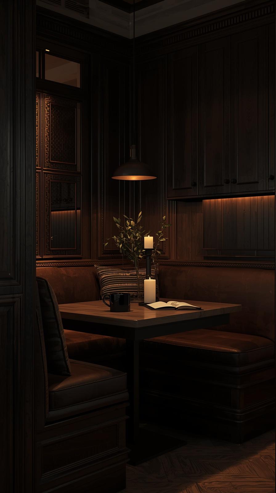 Moody breakfast nook with dark wood tones and cozy seating in a stylish kitchen corner