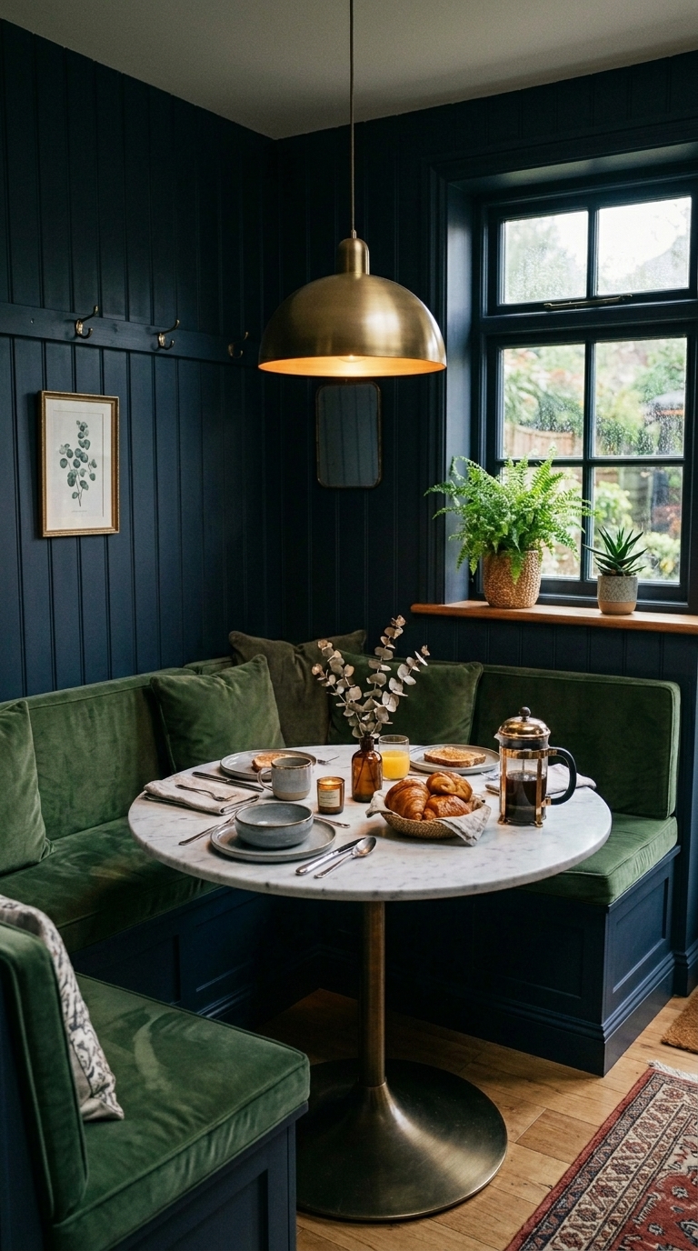 Dark moody breakfast nook with navy walls, marble table and green velvet cushions with brass pendant light