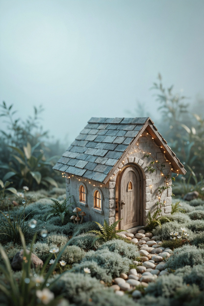 White stone fairy cottage wrapped in soft fairy lights glowing in a moonlit miniature garden