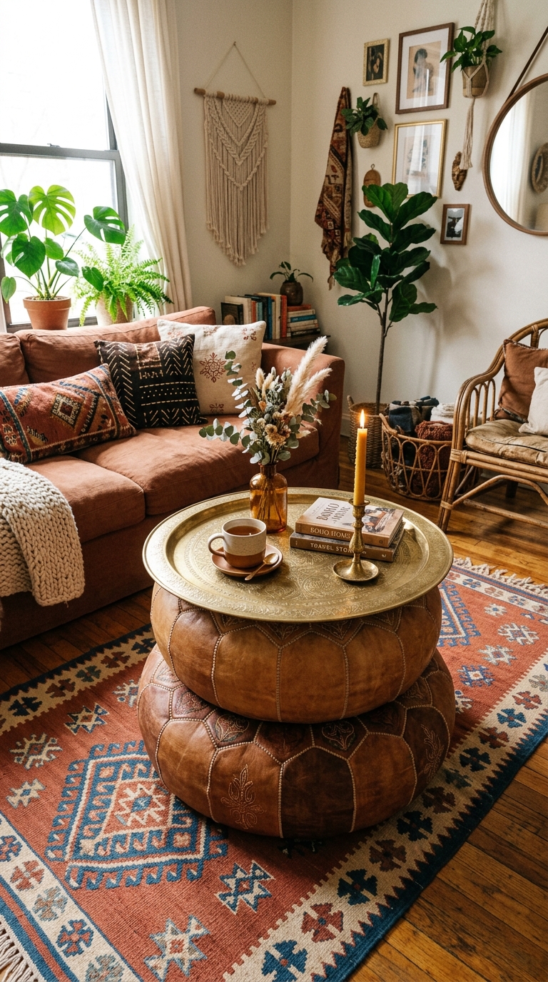 Stacked Moroccan poufs used as coffee table in boho compact apartment living room