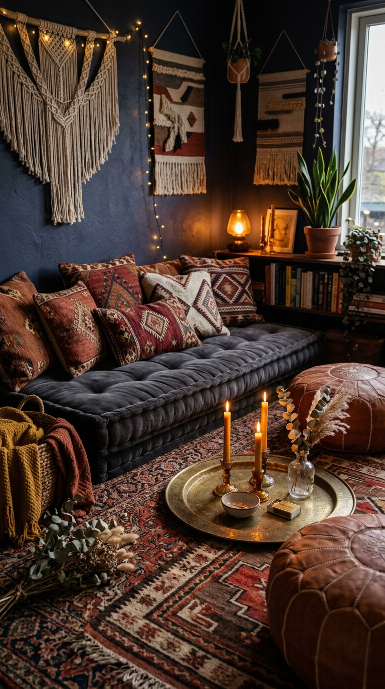 Low floor seating with Moroccan poufs and kilim cushions in a dark boho living room