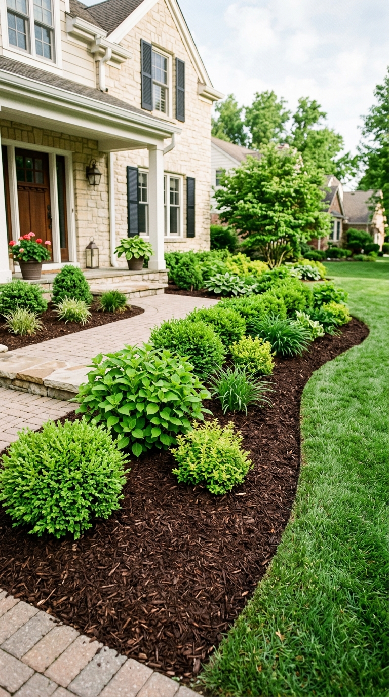 Fresh dark mulch landscaping with shrubs in a small front yard