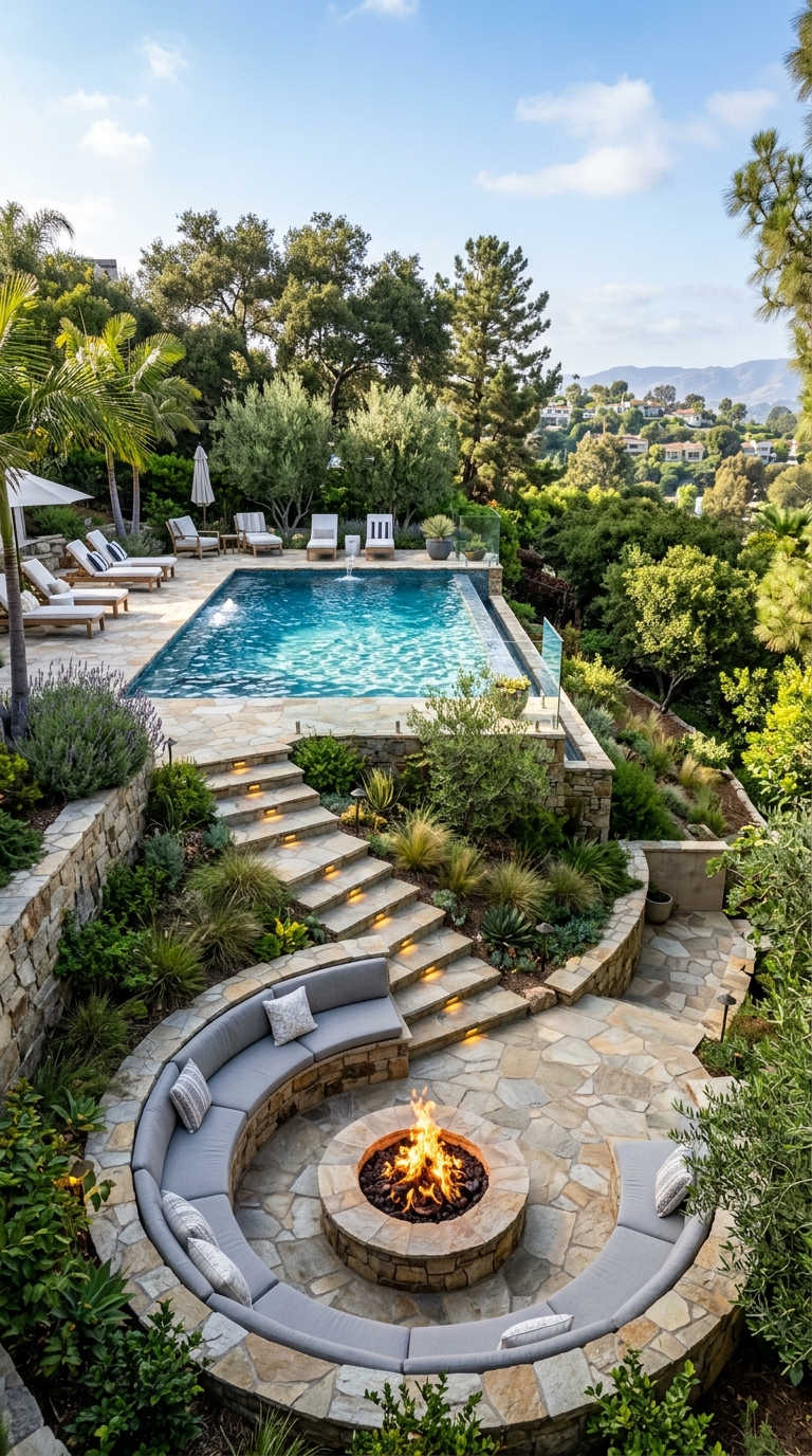 Multi-level backyard idea with pool and sunken fire pit