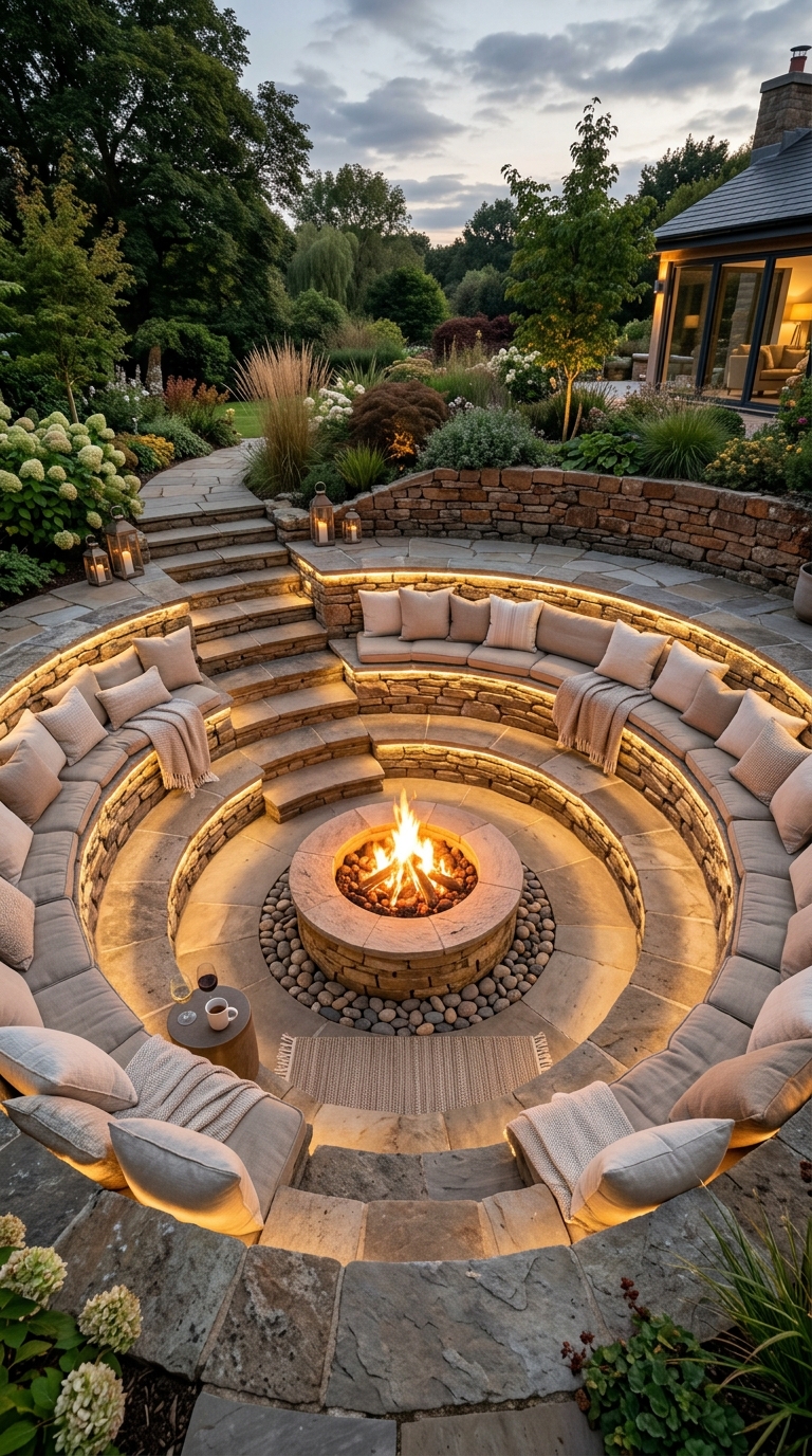 Multi-level sunken fire pit idea with tiered seating steps