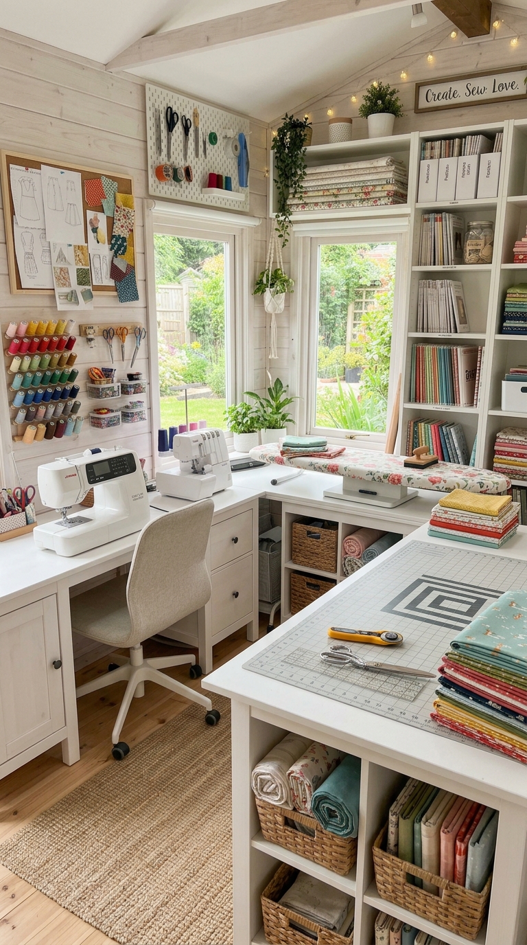 Multi-zone sewing she shed idea with cutting, sewing, and pressing stations