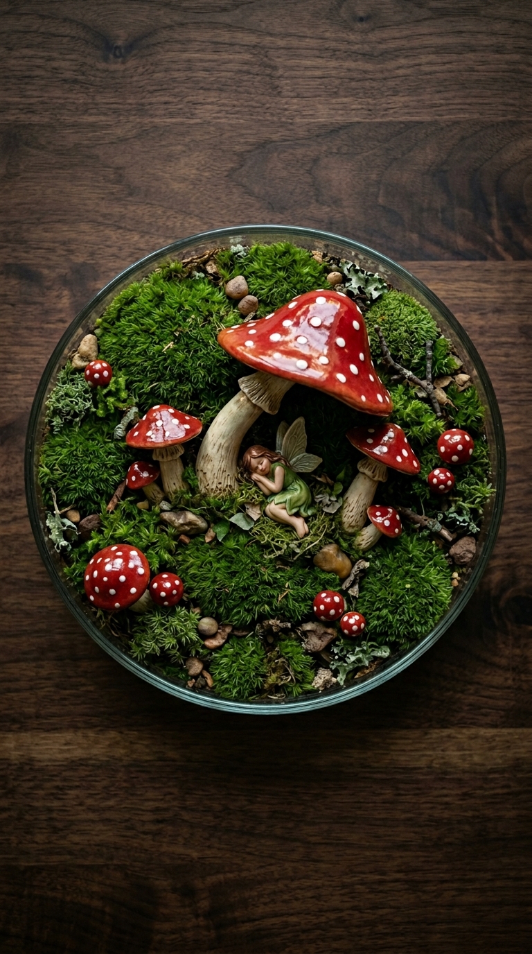Fairy garden terrarium with ceramic mushrooms and moss in a glass dish