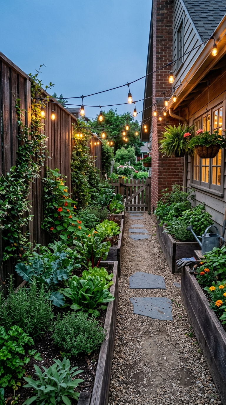 Narrow side yard potager garden layout with raised beds