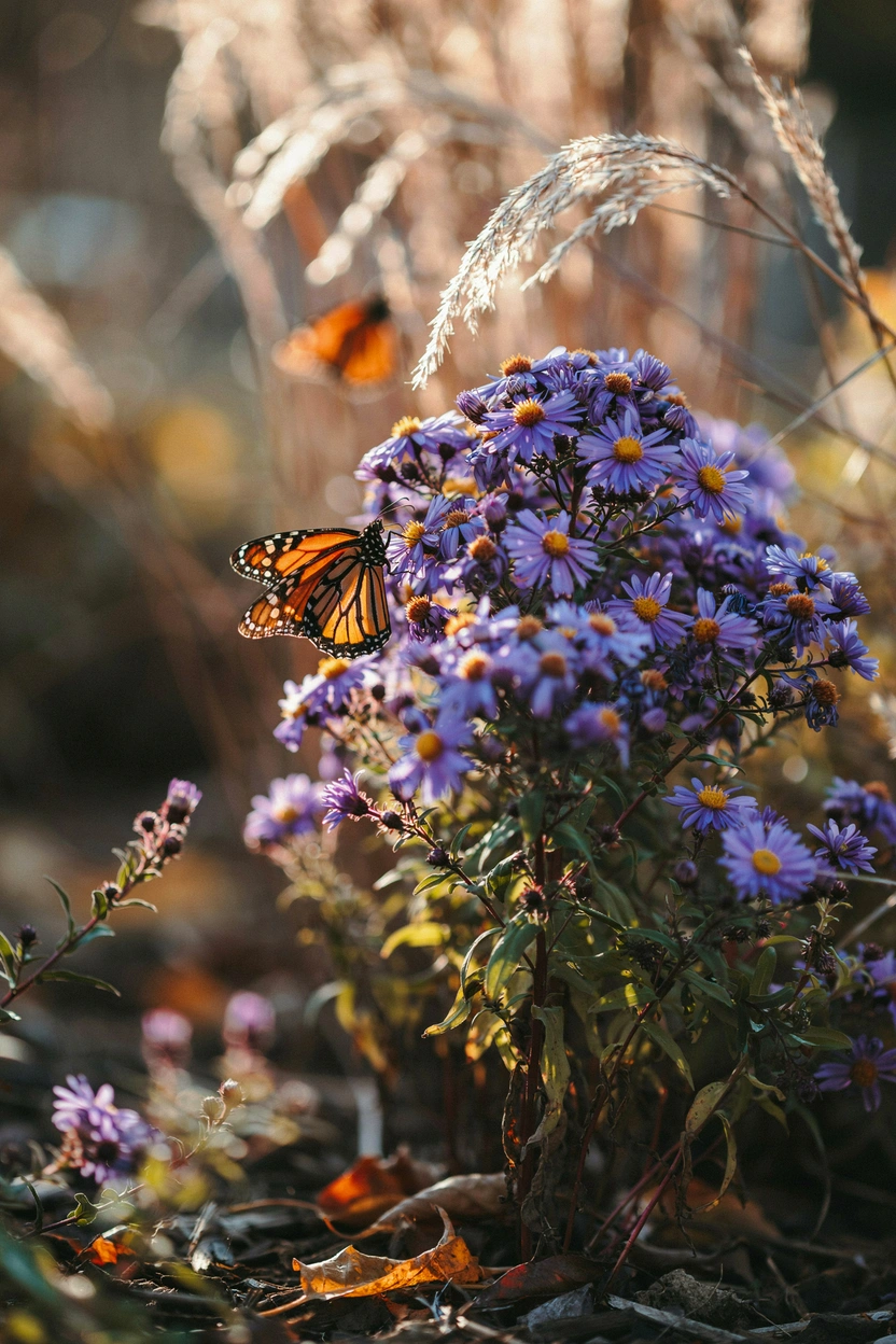 Purple native asters blooming in fall, attracting monarch butterflies and native bees for late-season nectar