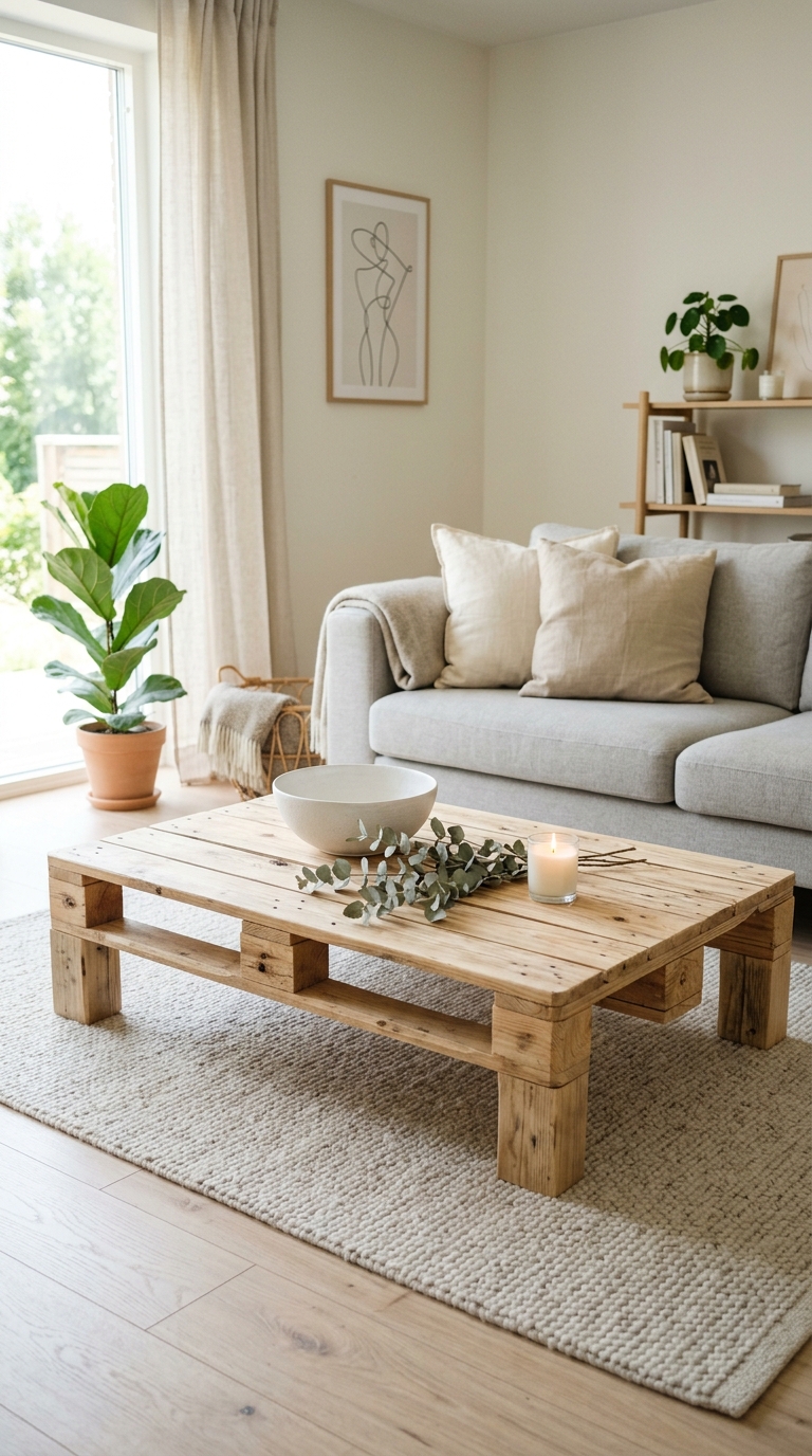 Minimalist DIY pallet coffee table with natural sanded and sealed wood finish, styled with white ceramic bowl and eucalyptus