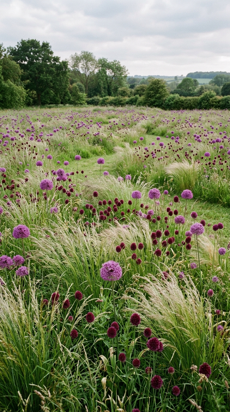 Naturalistic allium meadow garden with purple globe flowers scattered through ornamental grasses in a wild romantic planting