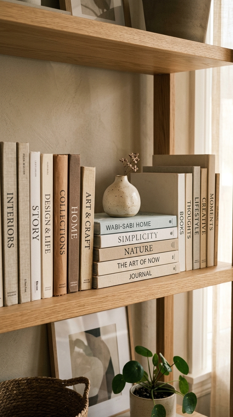 Minimalist living room shelf with intentional negative space, sculptural vase and trailing plant, bright white styling