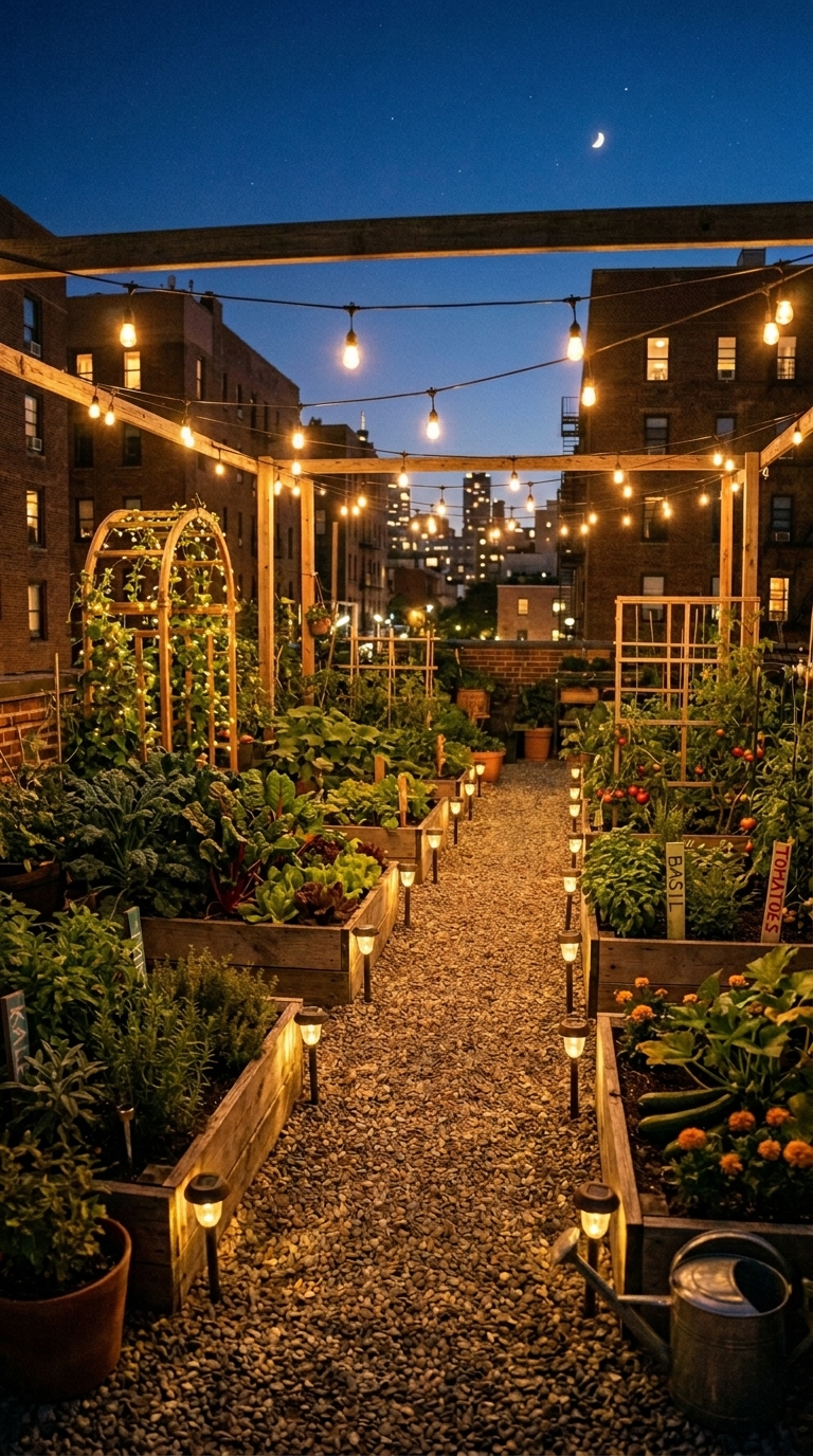 Urban potager garden at night with warm string lights overhead and solar stake lights along paths between raised vegetable and herb beds