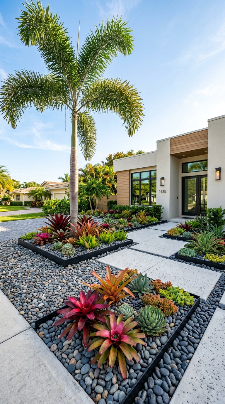 No grass Florida front yard with river rock ground cover, tropical plants, and bromeliads for low-maintenance landscaping