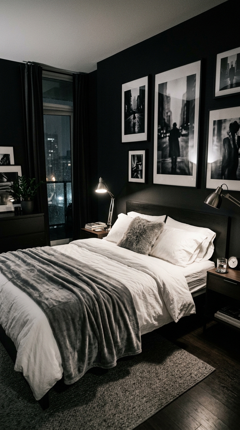 Noir bedroom aesthetic with matte black walls, crisp white bedding, and cinematic black-and-white art
