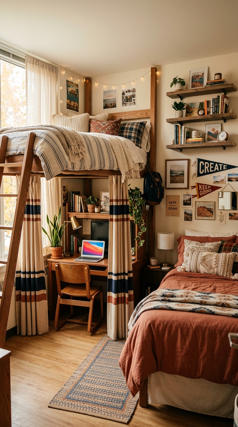 Dorm room for two with one lofted bed and one floor bed showing different layouts and personal styles