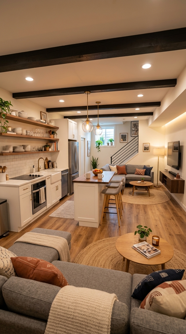 Open concept basement with white kitchen, pendant lights, and grey sectional living room connected by warm oak flooring