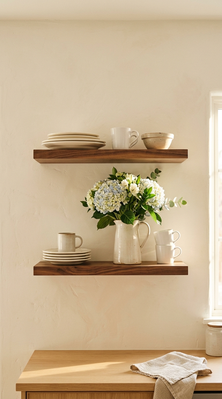 White ironstone and pale blue hydrangea on walnut open kitchen shelves with minimal summer styling