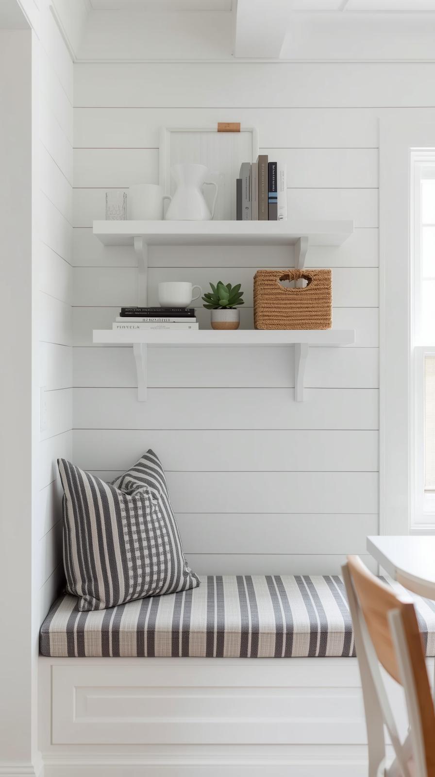 Small breakfast nook with floating shelves above bench styled with mugs, plants, and baskets