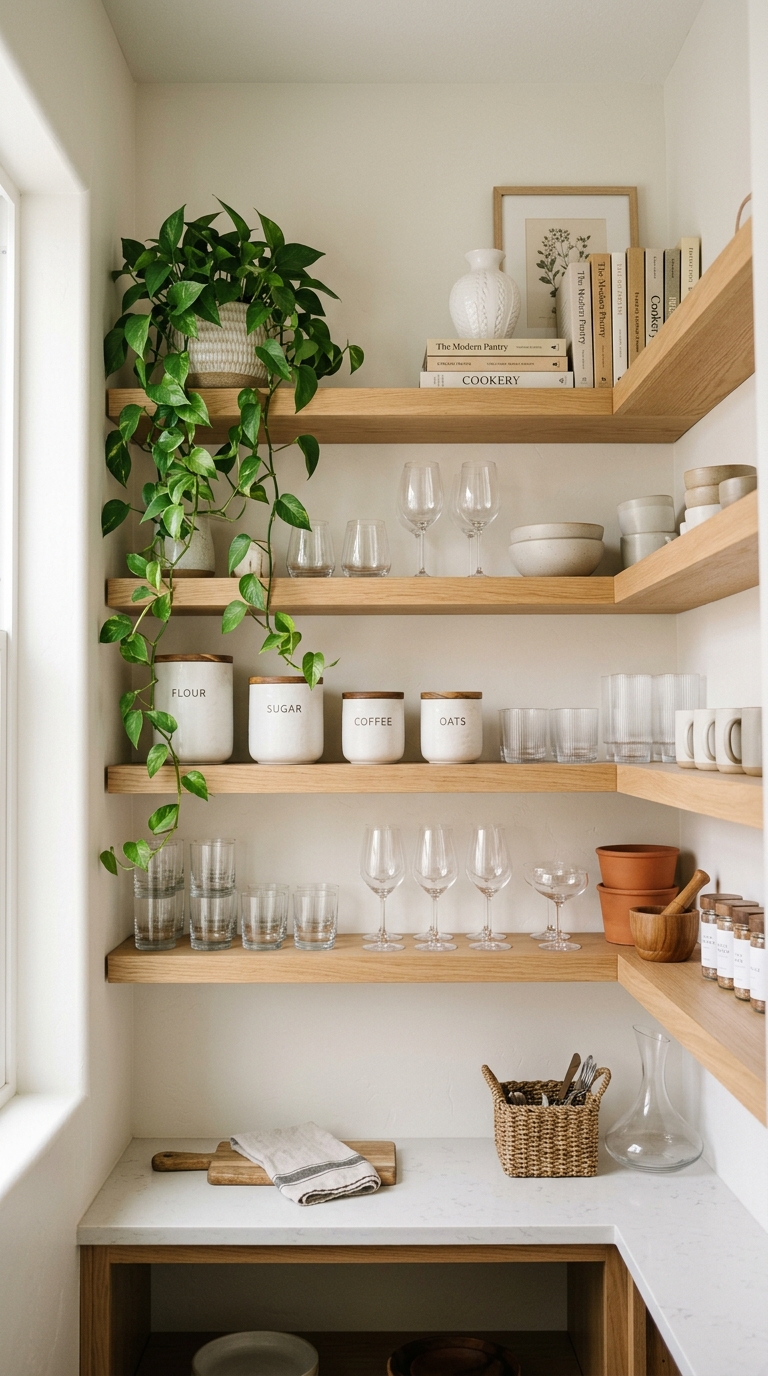 Open shelving butler's pantry with wood floating shelves, white ceramics, and trailing plants in a modern kitchen