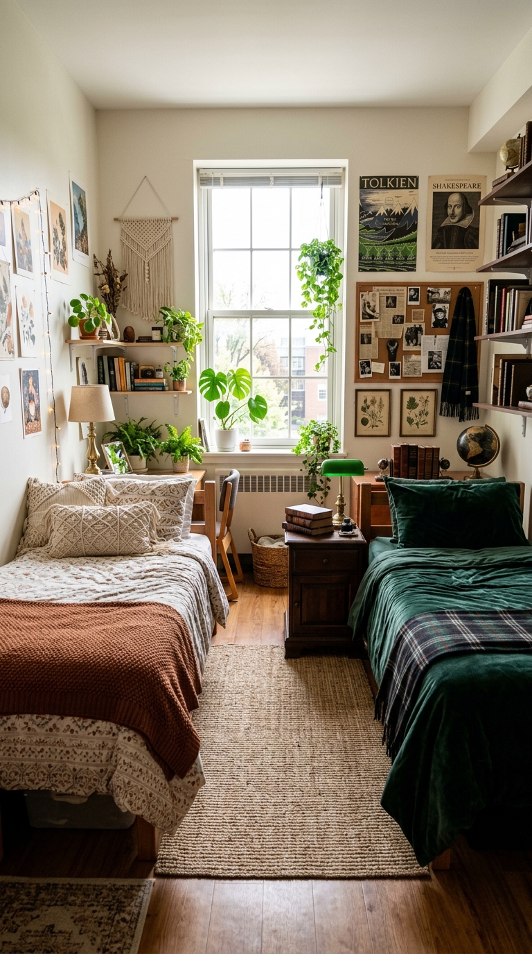 Dorm room layout for two people with beds on opposite walls and distinct personal decorating styles