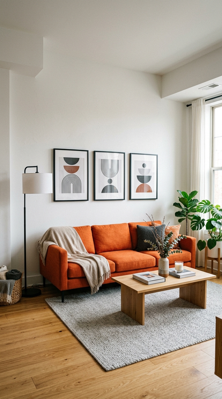 Orange couch with black metal floor lamp and framed art in a sharp modern contemporary living room