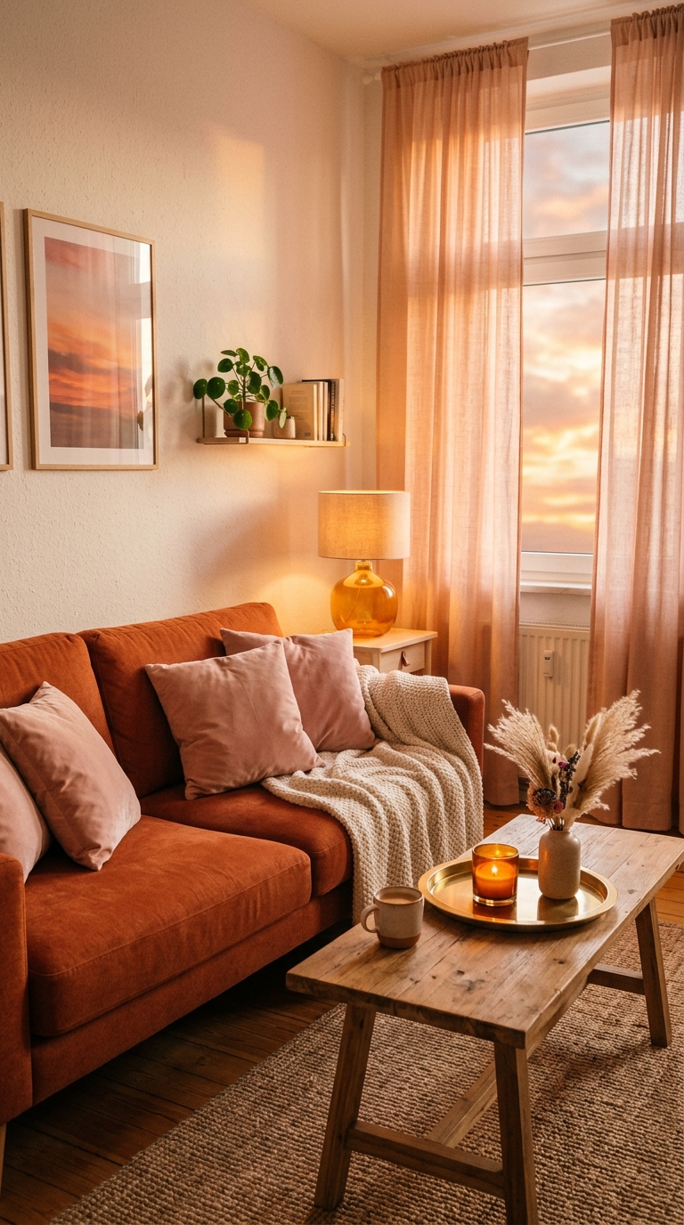 Orange couch with blush pink cushions and peach curtains in a warm sunset palette living room