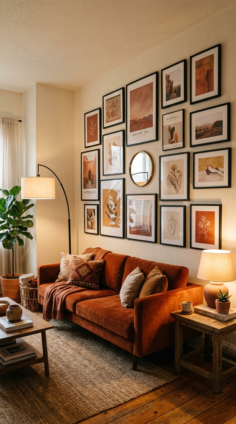 Orange couch in front of a curated gallery wall with warm-toned art prints in black frames in a stylish living room