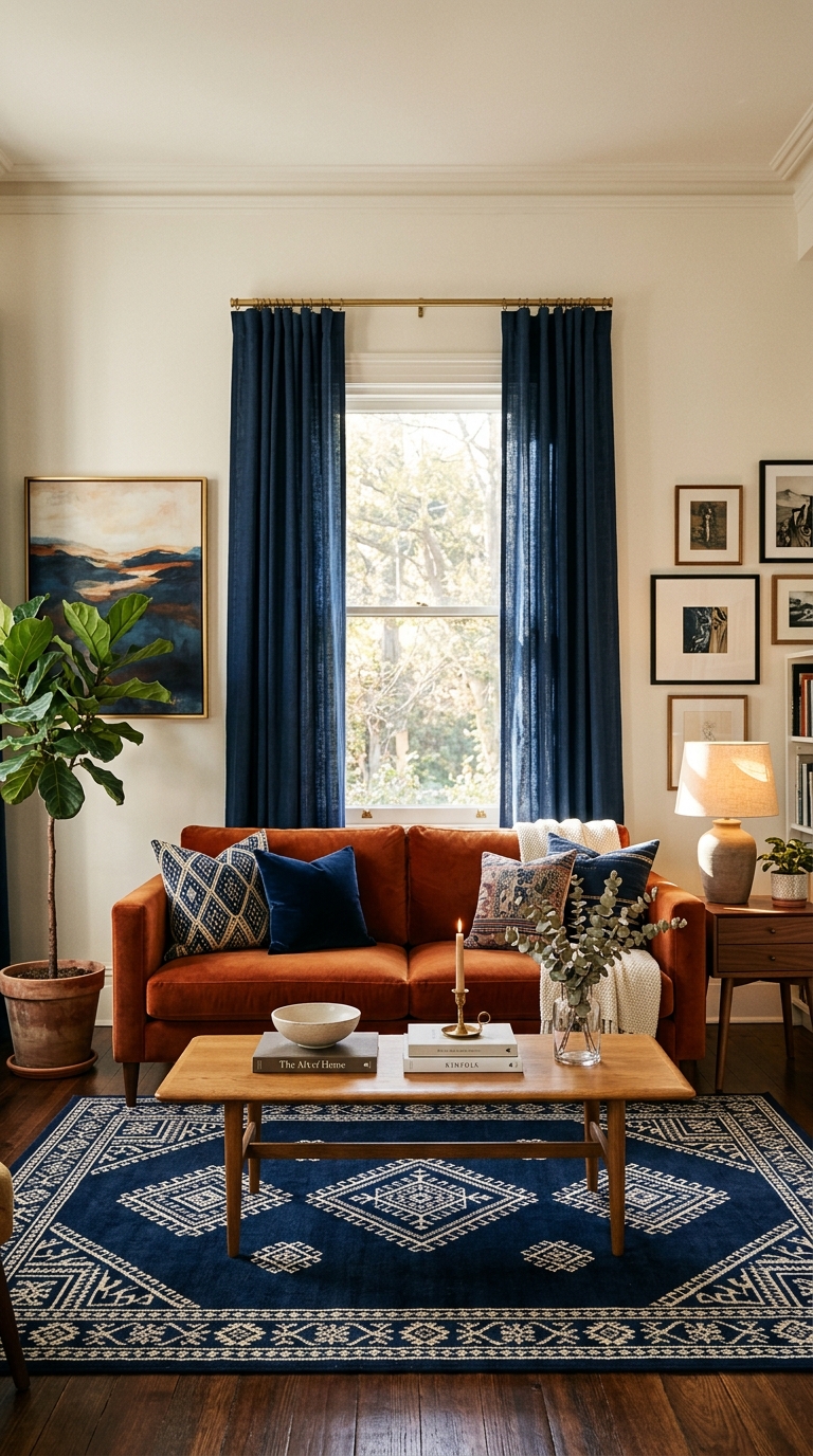 Orange couch with navy blue cushions and rug in a sophisticated color-coordinated living room