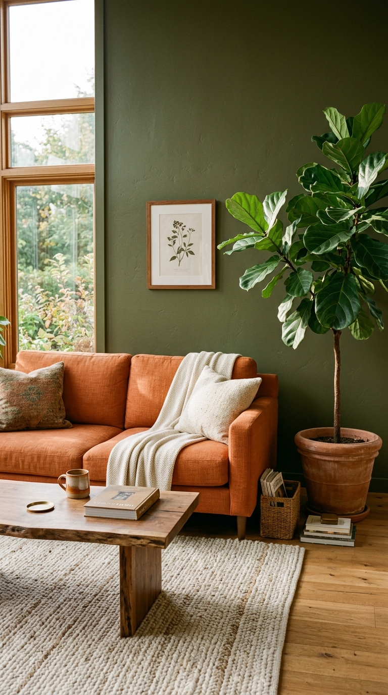 Orange couch against olive green walls with natural wood furniture and indoor plants in an earthy living room