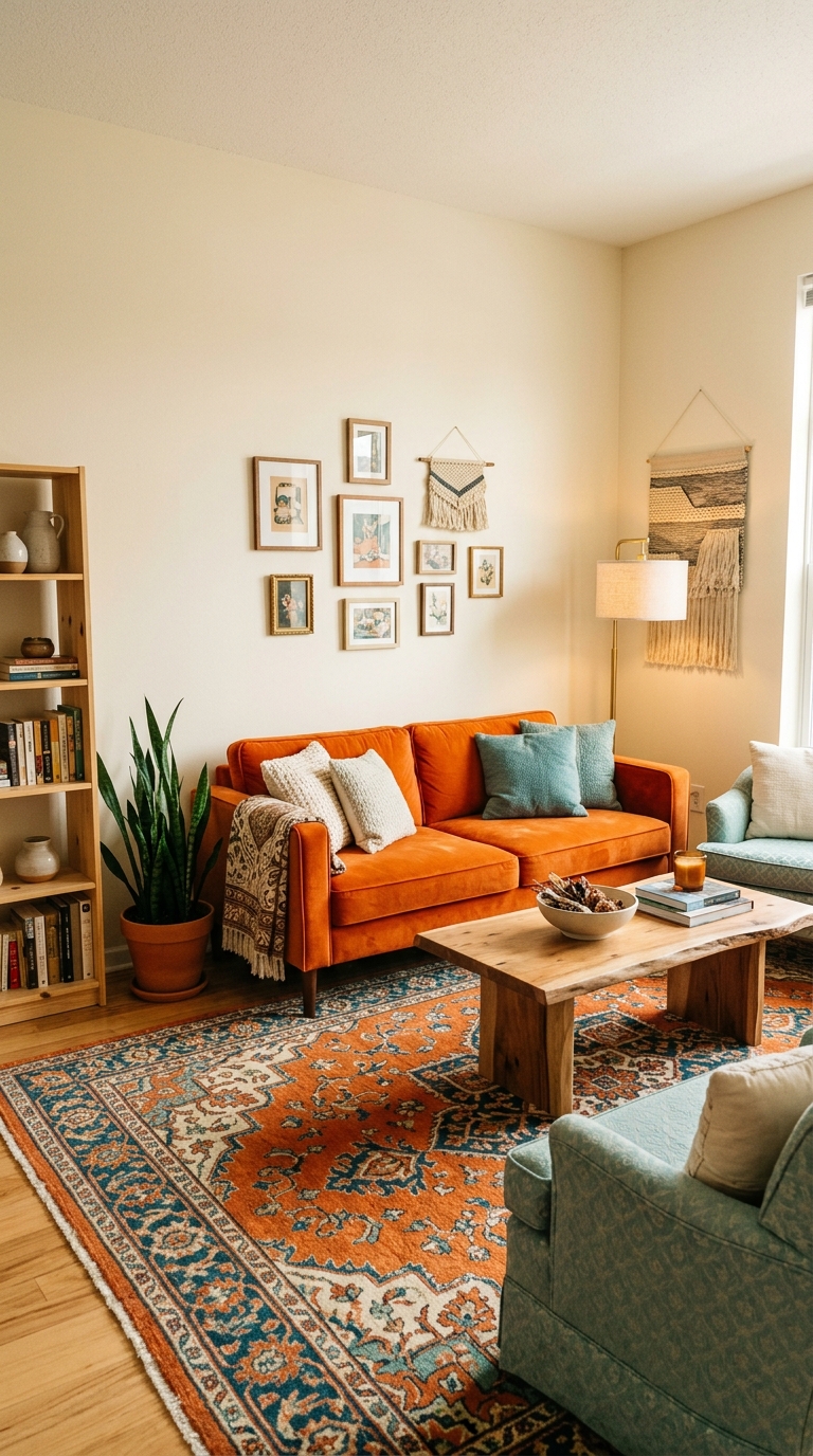 Orange couch on a vintage Persian rug in orange teal and cream tones acting as color bridge in an eclectic living room