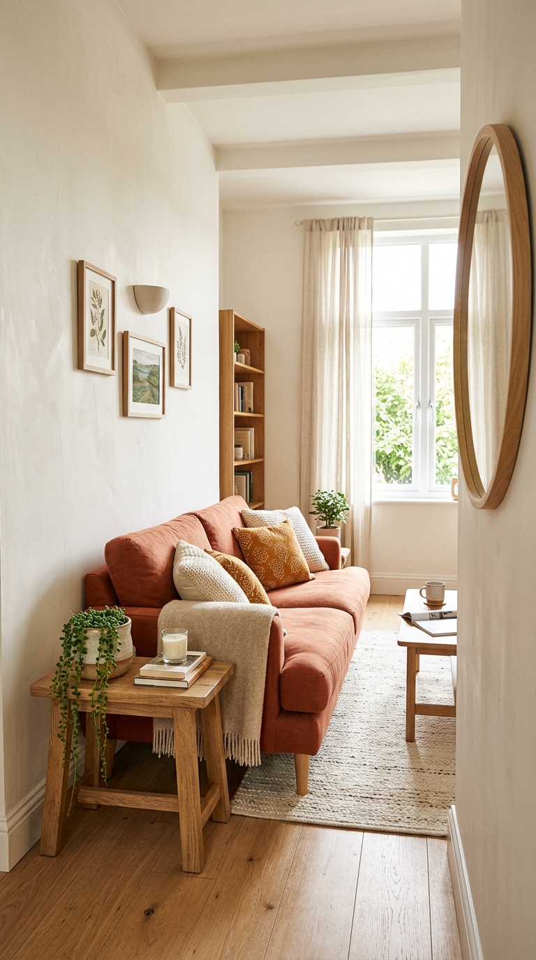 Terracotta orange couch in a small bright living room with warm white walls round mirror and indoor plant
