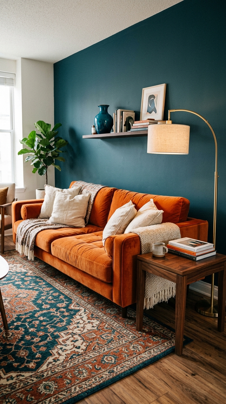 Orange couch with teal rug and peacock blue accents in a bold color-confident living room