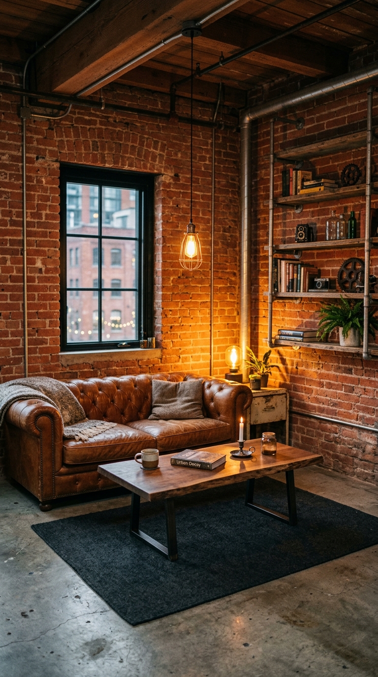 Cognac orange leather sofa against exposed brick wall with metal shelving and Edison pendant light in an industrial living room