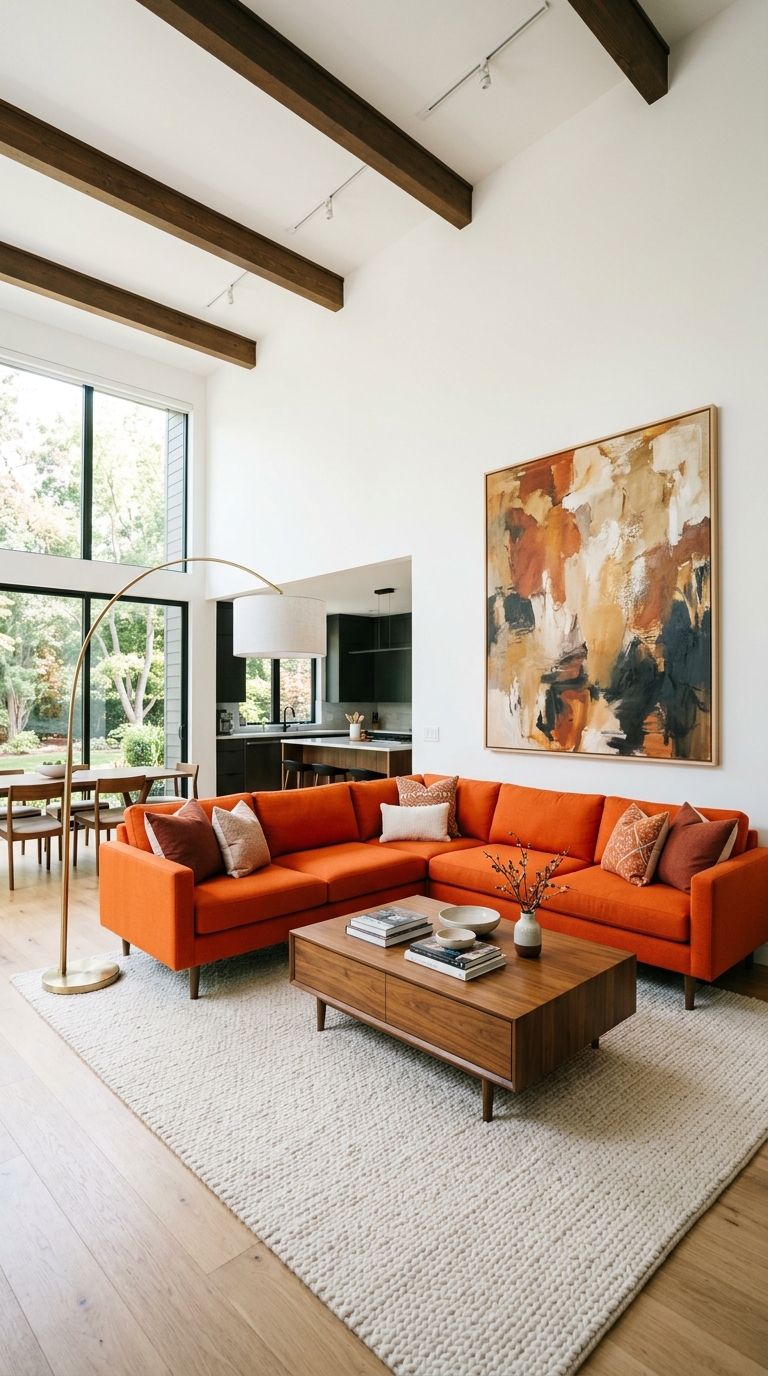 Orange sectional sofa anchoring a large open plan living room with walnut coffee table and oversized cream rug
