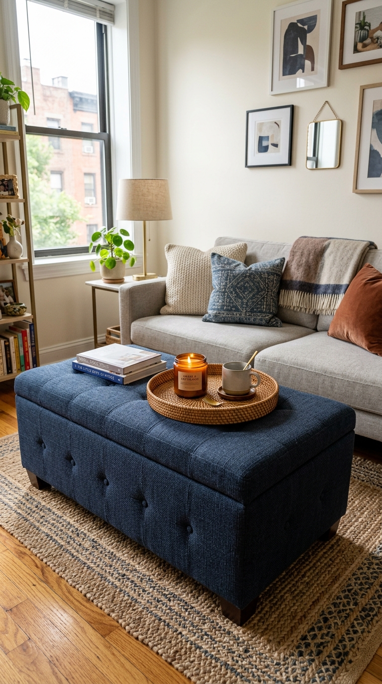 Upholstered ottoman with tray used as a coffee table in a compact apartment living room